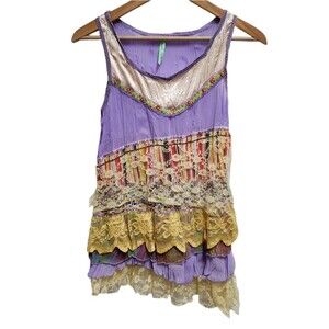 Celle Top Women M Purple Multi Floral Lace Ruffle Layers Asymmetrical Sleeveless